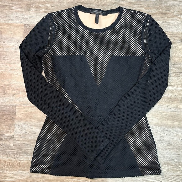 BCBG MAXAZRIA black mesh sleeve color block shirt. Size small. - Picture 3 of 4